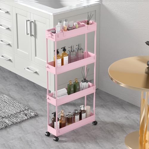 Slim Storage Cart 4 Tier,Bathroom Organizer Rolling Utility,Mobile Shelving Unit Slide Out for Office, Kitchen, Laundry Room & Narrow Places,Pink - color: Pink