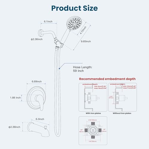 gotonovo Tub Shower Faucet Set with Valve 6 Mode Handheld Polished Chrome | Bathtub Faucet Set,6 Mode ABS Handheld Spray,6.3’’ Metal Tub Spout,Brass Valve Trim Kit,Shower Head and Handle Kit,Wall Mount - color: Chrome
