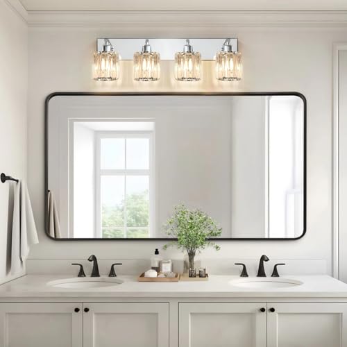 Brushed Chrome Crystal Bathroom Vanity Light, 4-Light Modern Bathroom Lighting Fixtures Over Mirror,Chrome Wall Sconce Light Fixtures with Round Shade - color: Chrome-Round Shade, size: 4-LIGHT
