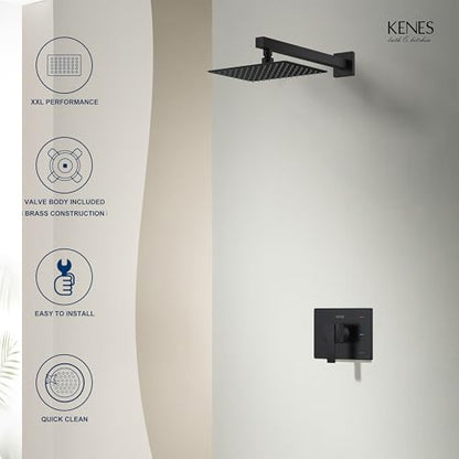 KENES Matte Black Shower Faucet with 10-Inch Shower Head and Handle Set, Square Shower Faucet Set Bathroom Rainfall Shower System Wall Mount, KE-6024B-2 (Shower Valve Included) - color: Matte Black, style: Shower Faucet Set