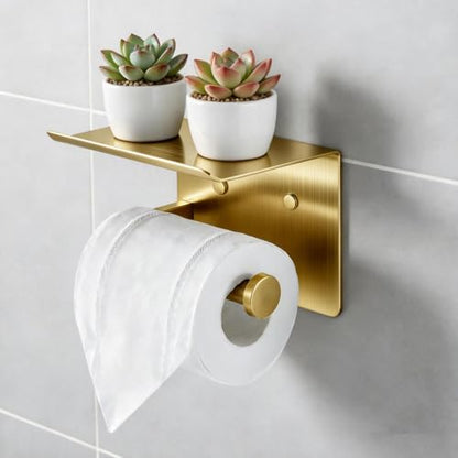 Toilet Paper Holder with Shelf, Heavy-Duty Stainless Steel Bathroom Hardware, Self-Adhesive No-Drill/Drill-Mount Wall-Mounted Roll Holder, Rust-Proof Bathroom Tissue Rack (Gold) - color: Gold
