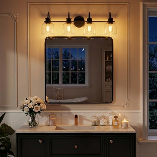 URSOLA 4 Lights 32" Bathroom Vanity Light Fixtures, Matte Black Traditional Classic Vanity Light with Clear Glass, Bathroom Lighting Fixtures Over Mirror - color: Black, size: 4 Lights