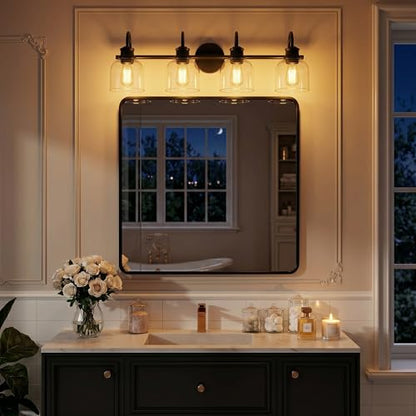 URSOLA 4 Lights 32" Bathroom Vanity Light Fixtures, Matte Black Traditional Classic Vanity Light with Clear Glass, Bathroom Lighting Fixtures Over Mirror - color: Black, size: 4 Lights