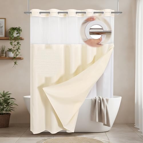 No Hooks Cream Boho Faux Linen Shower Curtain with Snap-in Liner Set, Textured Hotel Luxury Bathroom Curtain with See Through Top Window, Waterproof & Washable, 72x72 inches - color: Cream, size: 72"W x 72"L (Pack of 1), style: No Hooks