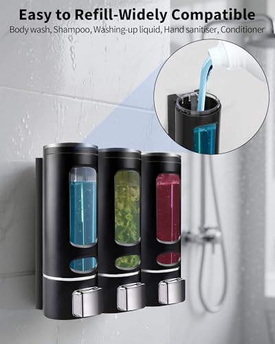 Shampoo and Conditioner Dispenser - 1200ML Wall-Mounted Shower Shampoo Dispenser 3 Chamber No Drill Body Wash Soap Dispenser for Shower, Bathroom, Hotel - size: 1200ML