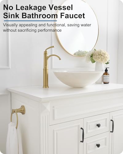 Tall Vessel Sink Faucet, Brass Waterfall Bathroom Sink Faucet Single Handle, Gold Bathroom Faucet 1 Hole, Tall Bathroom Faucets with Pop-Up Drain Water Supply Hoses - color: Brushed Gold