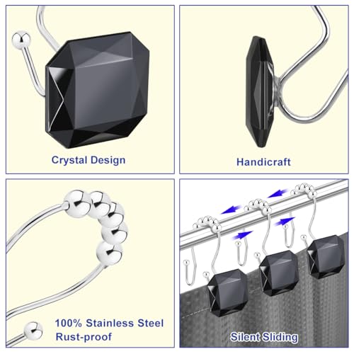 Shower Curtain Hooks Rings for Bathroom, 12PCS Double Hooks Glide Anti Rust Crystal Rhinestones Shower Curtain Rings Hangers for Shower Curtains, Clothing, Towels, etc. (Black) - color: Black