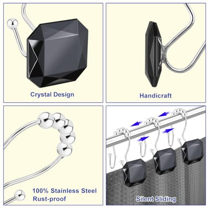 Shower Curtain Hooks Rings for Bathroom, 12PCS Double Hooks Glide Anti Rust Crystal Rhinestones Shower Curtain Rings Hangers for Shower Curtains, Clothing, Towels, etc. (Black) - color: Black