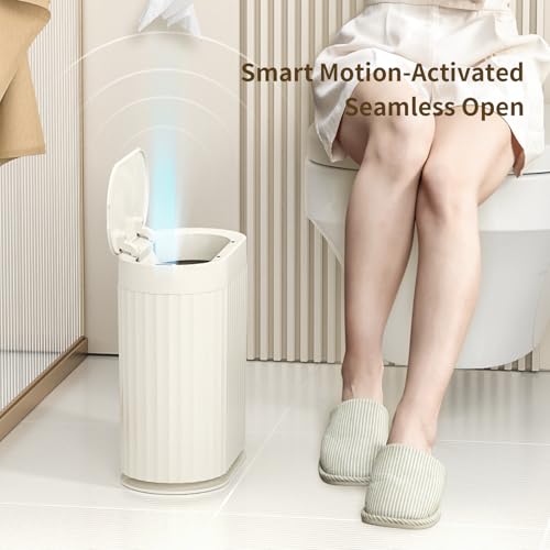 MRBIN Small Trash Can for Bathroom, Automatic Touch Less Garbage Bin with Lid, 2 Gallon Plastic Slim Waste Basket for Office and Kitchen, Electric Motion Sensor Bedroom Bin, Cream White - color: White, style: Acrylonitrile Butadiene Styrene