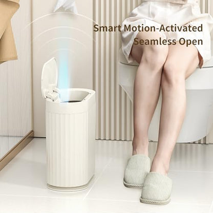 MRBIN Small Trash Can for Bathroom, Automatic Touch Less Garbage Bin with Lid, 2 Gallon Plastic Slim Waste Basket for Office and Kitchen, Electric Motion Sensor Bedroom Bin, Cream White - color: White, style: Acrylonitrile Butadiene Styrene