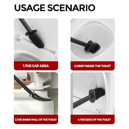 Toilet Brush and Holder, Stainless Steel | Removable Inner Bowl and Splash Protection,Flat and Elongated,Dense Bristles for Through Cleaning - color: Silver