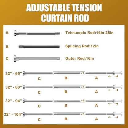 Ausemku Shower Curtain Rod Tension, 32-80 Inch Adjustable Heavy Duty Spring Tension Curtain Rod, No Drill Stainless Steel Telescoping Rod for Bathroom, No Rust, Silver - color: Silver, size: 32-80 Inches