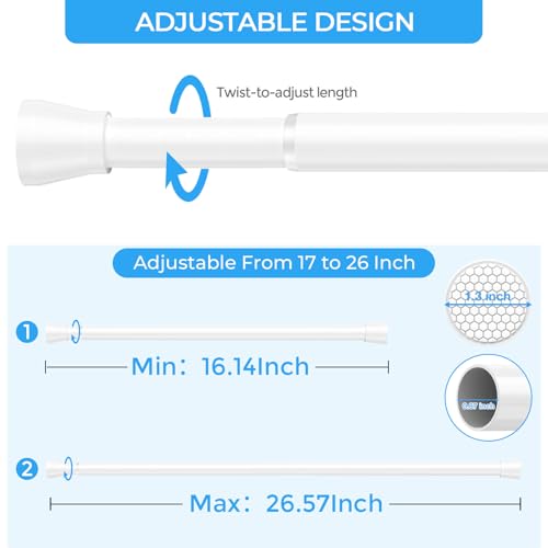 White Tension Curtain Rod 16 to 26 Inch Adjustable No Drilling | Rust-Resistant, No Slip, Small Spring Curtain Rods for Window, Kitchen, Closet, Cupboard, Bookshelf & DIY Projects - color: White, size: 16" to 26"-1Pcs