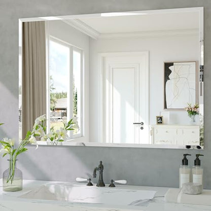 Frameless Bathroom Mirror, 40" x 28" Beveled Wall Mirror | 5mm HD glass, 20mm beveled edge, frameless, anti-rust, shatterproof, french cleat, horizontally or vertically - size: 40"L x 28"W