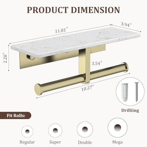 BWE Double Toilet Paper Holder with Shelf Wall Mounted Tissue Roll Holder | Commercial Toilet Paper Dispenser for Bathroom Marble Toilet Paper Storage Holder with Phone Shelf (Brushed Gold) - color: Double Brushed Gold