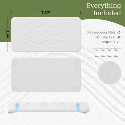 Kitchen Stone Sink Caddy, 2pcs Water Absorbing Stone Tray, Quick-Drying Faucet Mats, Diatomite Bathroom Counter Tray, Soap Dispenser Sponge Holder, Kitchen Sink Organizer (with Non-Slip Feet) - color: White