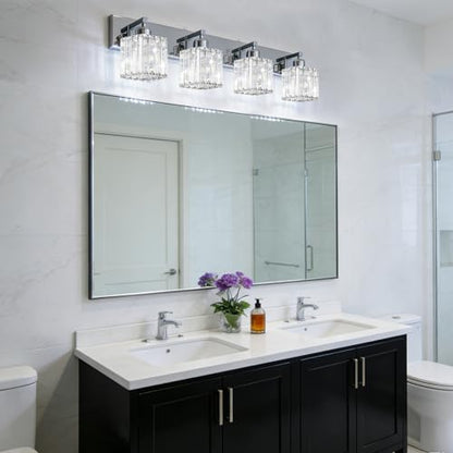 Brushed Chrome Crystal Bathroom Vanity Light, 4-Light Modern Bathroom Lighting Fixtures Over Mirror,Chrome Wall Sconce Light Fixtures with Square Shade - color: Chrome-Square Shade, size: 4-LIGHT