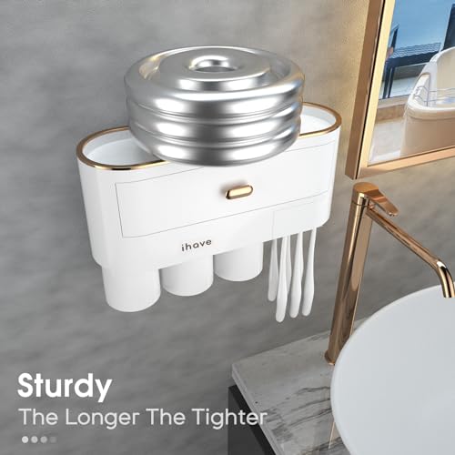 iHave Toothbrush Holders for Bathrooms, Wall Mounted Toothbrush Organizer | Elegant White & Gold Bathroom Decor: 3 Cups, 6 Slots, Large Tray & Drawer Wall Mount Toothbrush Organizer, No Drilling - size: 3 cup