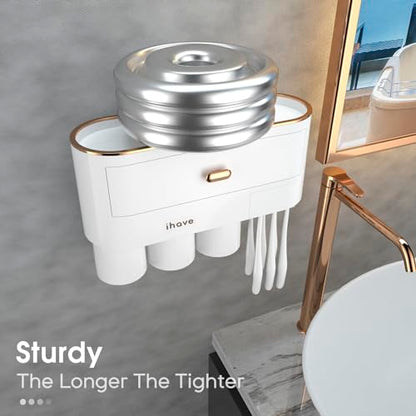 iHave Toothbrush Holders for Bathrooms, Wall Mounted Toothbrush Organizer | Elegant White & Gold Bathroom Decor: 3 Cups, 6 Slots, Large Tray & Drawer Wall Mount Toothbrush Organizer, No Drilling - size: 3 cup