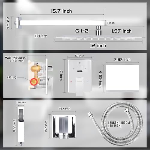 12 Inch Rainfall Shower System with Tub Spout Wall Mounted Complete Combo with Solid Brass Pressure Balancing Valve, High Pressure Shower Head, Handle Set & Installation Accessories Chrome - color: Chrome