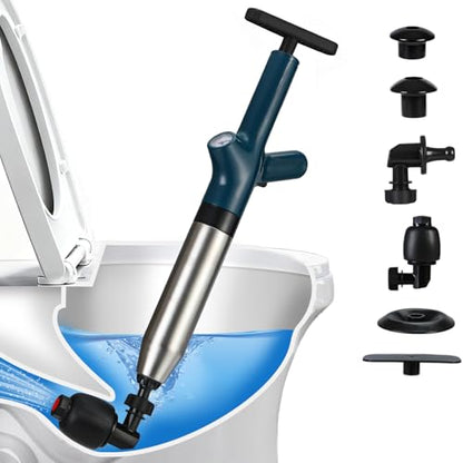 Toilet Plunger, High Pressure Drain Unclogger Plungers with Pressure Gauge, Toilet Auger Air Drain Blaster, Versatile Heavy Duty Clog Remover for Bathroom, Kitchen, Floor Drain - color: Blue
