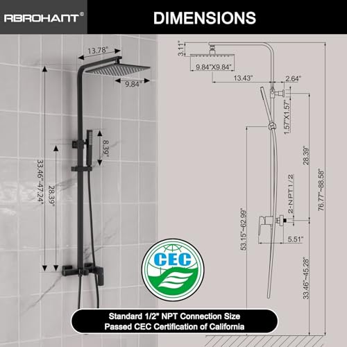 RBROHANT 3 Functions Exposed Shower System, Matte Black Exposed Shower Faucet Set, 10 Inch Rain Shower Head with Handheld and Tub Spout,Shower Height Adjustable, Wall Mounted - color: Matte Black