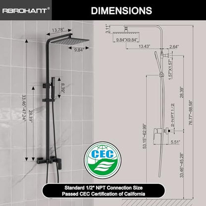 RBROHANT 3 Functions Exposed Shower System, Matte Black Exposed Shower Faucet Set, 10 Inch Rain Shower Head with Handheld and Tub Spout,Shower Height Adjustable, Wall Mounted - color: Matte Black