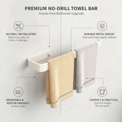 Towel Bar, 13.8-Inch Adhesive Metal Bathroom Rack with No-Drill Mount for Smooth Walls, Hole-Free Installation (1 Piece) - color: White