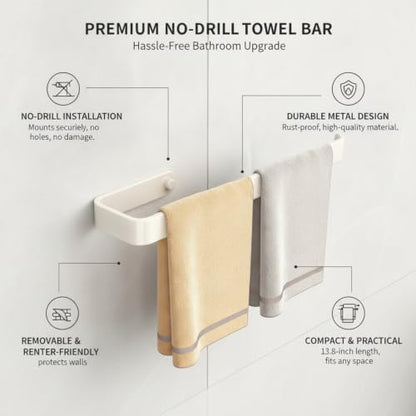 Towel Bar, 13.8-Inch Adhesive Metal Bathroom Rack with No-Drill Mount for Smooth Walls, Hole-Free Installation (1 Piece) - color: White