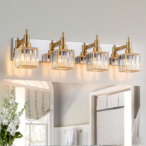 Crystal Bathroom Light Gold Chrome 4-Light Modern Bathroom Vanity Fixtures Over Mirror Square Crystal Wall Sconce - color: Gold Chrome-Square Shade, size: 4-Light