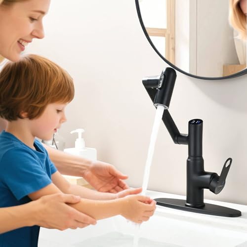 Bathroom Faucet, Rotatable Faucets with Temperature Display in Celsius (Batteries-Free), 3 Water Outlet Modes Single Hole Faucet with Sink Plate for Bathroom Sink (Matte Black) - color: Matte Black