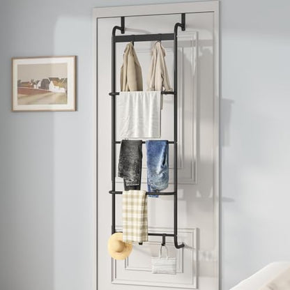 5 Tier Over The Door Towel Racks for Bathroom Wet Towel Drying Rack Clothing Storage Holder with Hooks (Black, 5 Tier) - color: Black