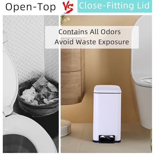 Small Bathroom Trash Can with Lid, 5 Liter/1.3 Gallon Stainless Steel Small Garbage Can with Removable Inner Bucket & Soft-Close Foot Pedal, Slim Trash Can for Bathroom, Bedroom, Office (White) - color: White, size: 1 Pack
