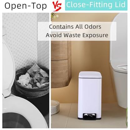 Small Bathroom Trash Can with Lid, 5 Liter/1.3 Gallon Stainless Steel Small Garbage Can with Removable Inner Bucket & Soft-Close Foot Pedal, Slim Trash Can for Bathroom, Bedroom, Office (White) - color: White, size: 1 Pack