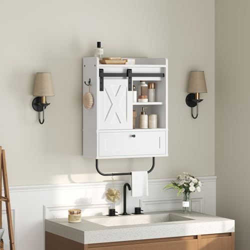 MAHANCRIS Bathroom Wall Cabinet, Farmhouse Medicine Cabinets with Sliding Door, Wall Mounted Storage Cabinet with Adjustable Shelf and Towel Bar, for Bathroom, Living Room, Kitchen, White - color: White