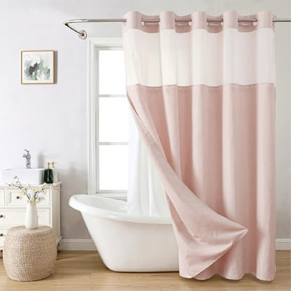 eachope No Hooks Needed Linen Textured Shower Curtain with Snap-in Fabric Liner Set,Blush Hotel Luxury Decor Shower Curtains for Bathroom with Mesh Top Window,Waterproof & Washable,71Wx74H | 230GSM Thick Fabric,Hotel Luxury Decor,Mesh Top Window,Magnetic