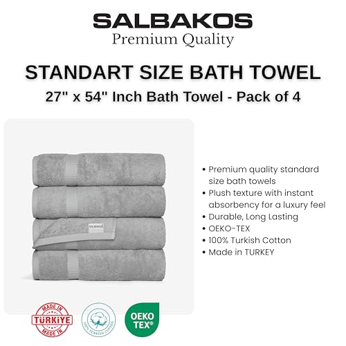 SALBAKOS 4-Piece 100% Turkish Cotton Bath Towels, 27x54 inch, Silver | Standard Size, 630 Gsm Thick Super Soft Highly Absorbent Quick-Dry Bathroom Towel, Premium Hotel & Spa Quality Made in Turkey - color: Silver, size: 4 Bath Towels
