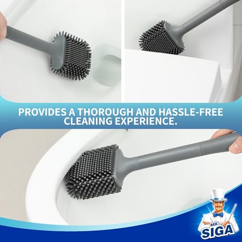 MR.SIGA Toilet Brush and Holder Wall Mounted, Gray, 1 Pack | Compact space saving toilet cleaner brush, scratch free thermoplastic rubber head, easy to clean and dry quickly - color: Gray