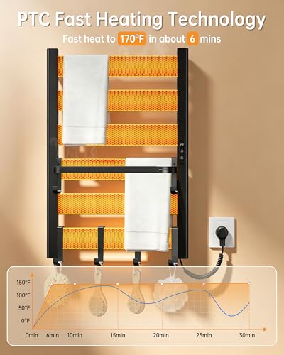 Wall Mounted Heated Towel Rack, 6-Bar Towel Warmer for Bathroom | PTC Fast Heating Up to 170°F in 6 Minutes, Adjustable Temperature 110–170°F, 2–12H Timer, Space Aluminum, Matte Black - color: Black, size: PTC 6-Bars