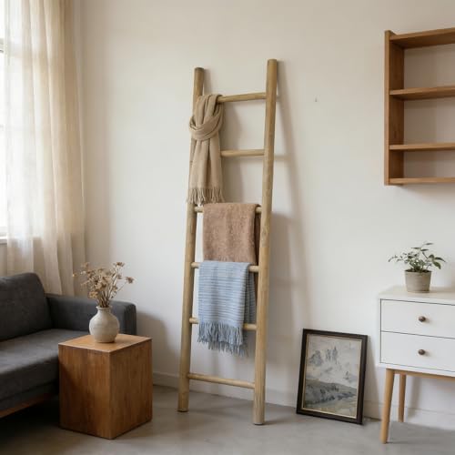 Wooden Blanket Ladder - 76in Natural & Motley Wood - Leaning Wall Decor for Bedroom, Bathroom, Living Room - Rustic Quilt Holder & Towel Rack (Brown, 76in | Pre Assembled) - color: Brown, size: 76in | Pre Assembled
