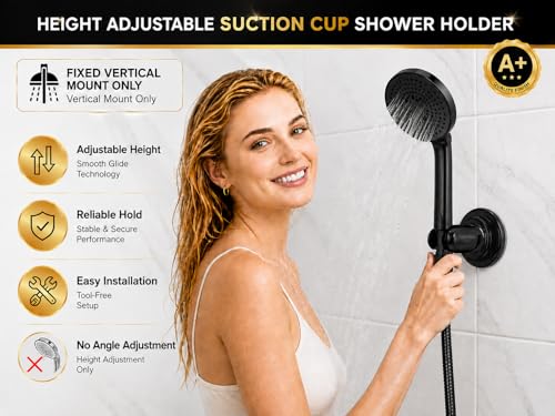 HOME&I Suction Cup Shower Head Holder for Handheld Shower–Includes 3M Adhesive Disc, No Drill, 3-Inch Vacuum Suction, Removable & Repositionable Vertical Wall Mount,Waterproof ABS,Universal 22mm Slot - color: Black