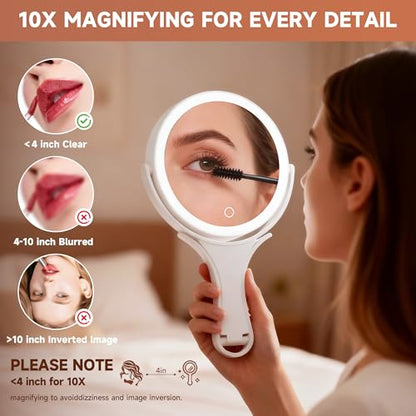 Hasipu Makeup Mirror with Lights 2000mAh Rechargeable Travel Mirror | 1X/10X Magnifying, Phone Stand Design, Rechargeable, 360° Rotatable, 3 Color Dimmable, Tabletop, Handhold, Hanging, White - color: White