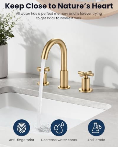 gotonovo 3 Hole Bathroom Faucet 8 inch Widespread Sink Vanity Faucet for Bathroom Sink 2 Cross Handle Deck Mount Basin with Pop Up Drain 360° Swivel Spout Brushed Gold - color: Brushed Gold