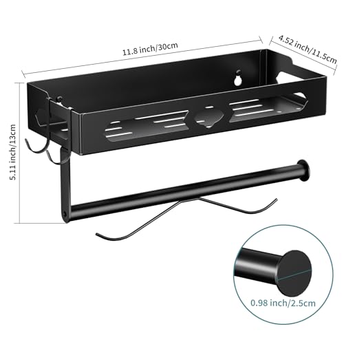 Wall Mount Paper Towel Holder with Shelf for Bathroom, Kitchen,Black 2Hooks | Metal Spice Rack, Easy One-Hand Tear Design Mounted Hanging Hand Paper Towel Roll Holder for RV, Home(Self Adhesive or Drill) - color: Black