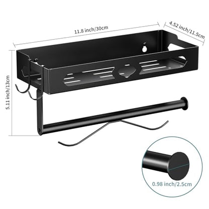 Wall Mount Paper Towel Holder with Shelf for Bathroom, Kitchen,Black 2Hooks | Metal Spice Rack, Easy One-Hand Tear Design Mounted Hanging Hand Paper Towel Roll Holder for RV, Home(Self Adhesive or Drill) - color: Black