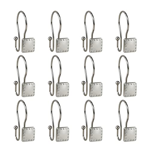 Shower Hooks - Double Shower Curtain Rings for Bathroom - Rust Resistant Shower Curtain Hooks for Shower Curtain or Liner - Shower Curtain Rings with Crystal Design - Set of 12, Brushed Nickel - color: Brushed Nickel