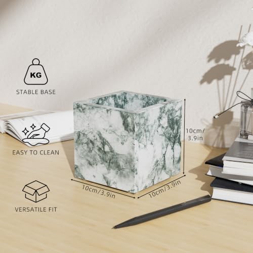 Rectangular Toothbrush Holder,Pencil Cup,3.9x3.9x3.9in,Cyan Green | Marble Pen Holders with Natural Patterns,Makeup Brush Organizer with Anti Slip Foot Pads,Stone Utensil Container for Office - color: Cyan Green Texture