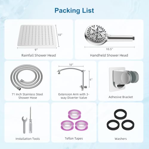 Hibbent All Metal 10" High Pressure Rain Shower Head Combo, Chrome | cUPC Certified Rainfall Shower Head with handheld 10 Sprays, 16'' Adjustable Extension Arm, 71'' Hose, Showerhead Holder - color: Chrome, style: Square 10''