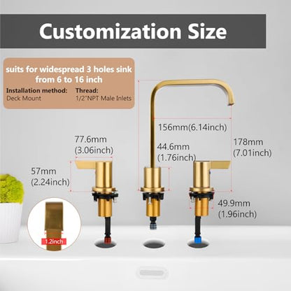 Brushed Gold Bathroom Faucet 3 Hole 8 Inch Widespread Waterfall | 2-Handle Vanity Faucet, Pop-Up Drain, Supply Lines, Adjustable 4- to 16-Inch Widespread Fit, 360° Swivel Spout - color: Brushed Gold