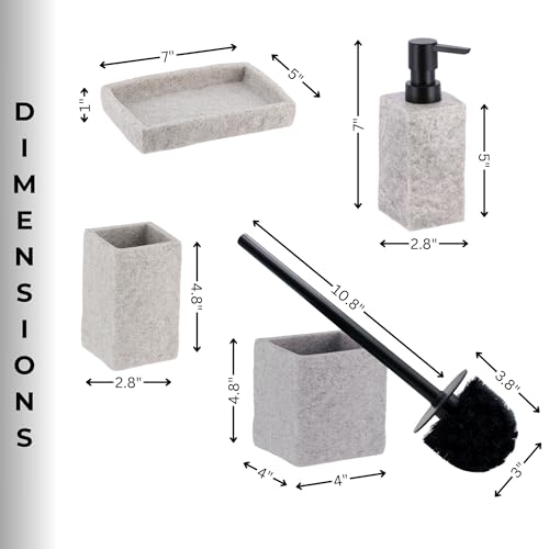 Collection Stone Effect Bath Accessory Set-4 Pieces, Resin, Gray | Soap Dispenser, Tumbler, and Toilet Brush Holder, Contemporary, Durable Construction, Bathroom Accessories Set, Easy to Clean - size: Gray